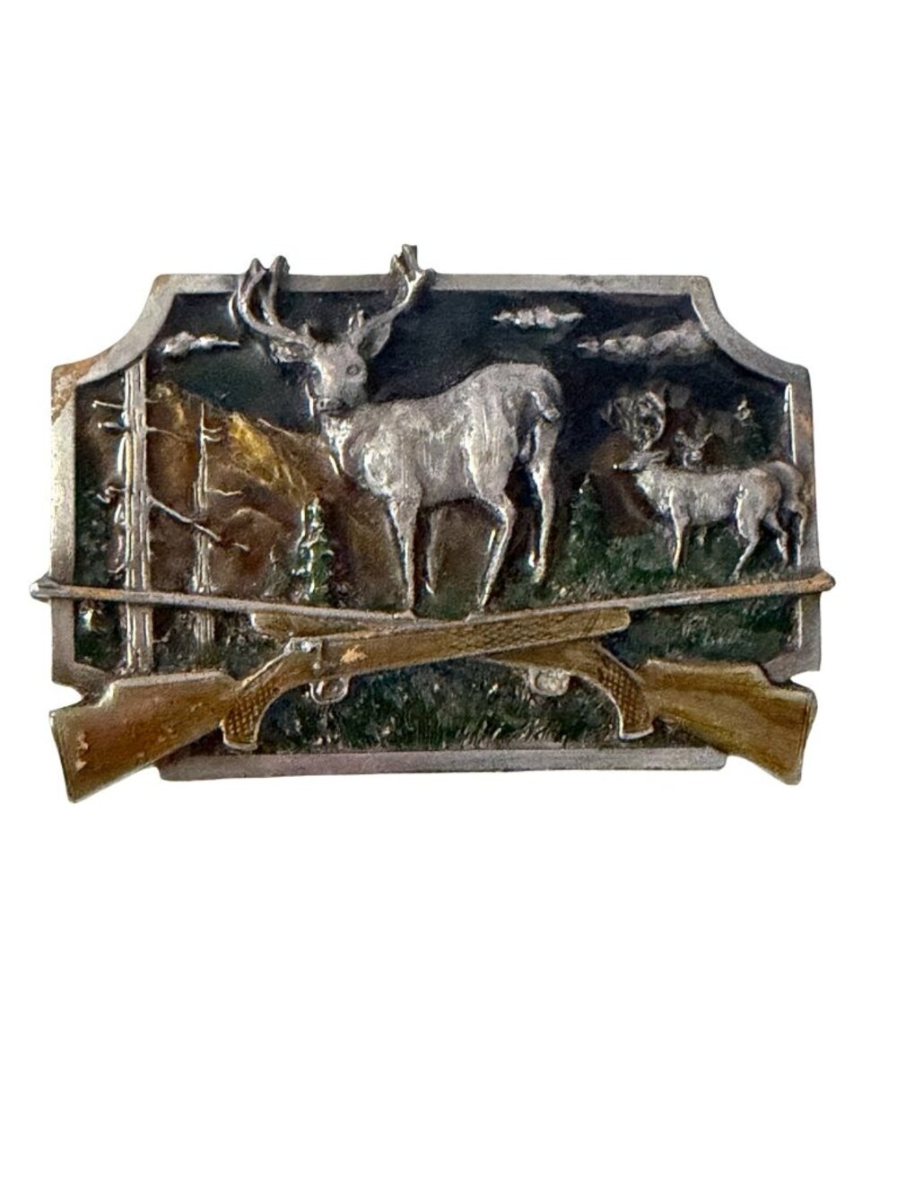 Vintage Siskiyou Belt Buckle Deer Hunting Rifle Wildlife Scene 1984